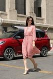  Đầm Voan in hoa , nhấn eo - D715 