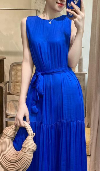  Angela Dress - Đầm xô lụa sát nách xanh biển D45 