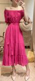  Gracie Dress - Đầm xô lụa trễ vai hồng D69 