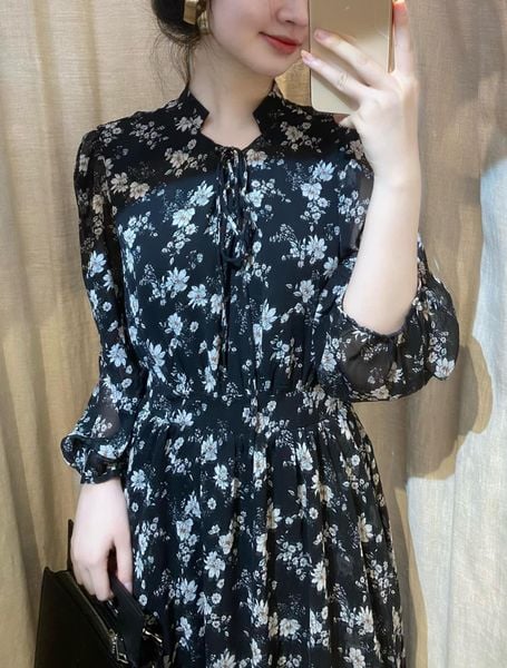  Đầm Voan in hoa , nhấn eo - D715 