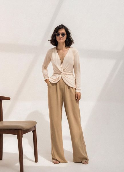  Áo tay dài thun cotton xoắn eo nude A114 