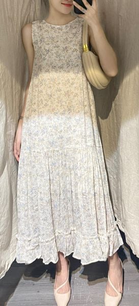  Blakely Dress - Đầm sát nách nền trắng in bông nâu  - D609 