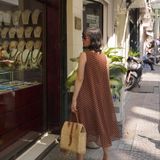  Laura Dress - Đầm chấm bi nâu sát nách - chấm bi nhỏ D256 