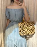  Laila Dress - Đầm xô lụa trễ vai xanh biển D56 