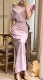  Zinnia Dress - Đầm Linen Lệch Vai Hoa Hồng D989 
