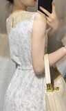  Blakely Dress - Đầm sát nách nền trắng in bông nâu  - D609 
