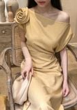  Zinnia Dress - Đầm Linen Lệch Vai Hoa Hồng D989 
