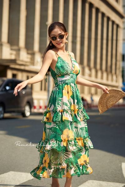  Gabriela Dress - Đầm 2 dây 3 tầng hoa vàng lá xanh  D593 