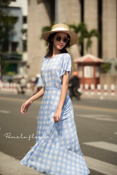  Alani Dress- Đầm ngắn tay caro trắng xanh D278 