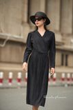  Veda Dress - Đầm đen dập ly tay dài cột chéo D151 