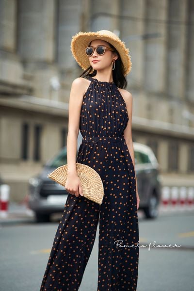  Serenity Jumpsuit - Jumpsuit cổ yếm chấm bi nâu D602 