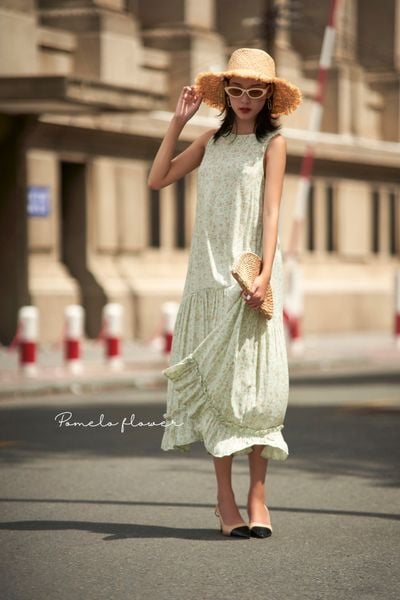  Kylie Dress - Đầm xô lụa sát nách xanh hoa nhí nâu - D614 
