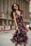  Evelyn Floral Ruffled Dress - Đầm voan sát nách , 3 tầng chun eo  D565 