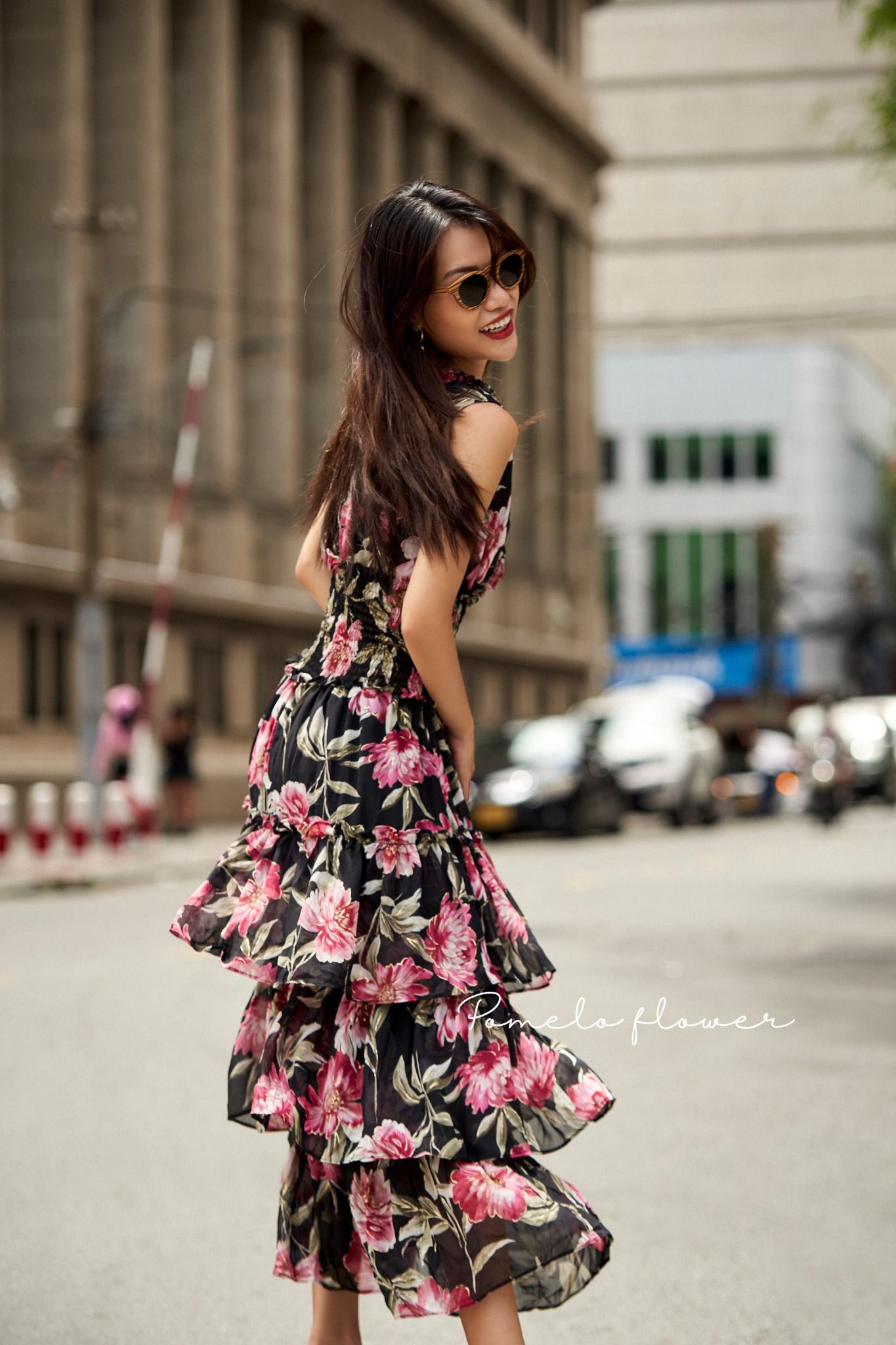  Evelyn Floral Ruffled Dress - Đầm voan sát nách , 3 tầng chun eo  D565 