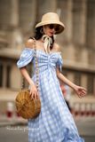  Chloe Dress -  Đầm nhún ngực caro trắng xanh -  D15 