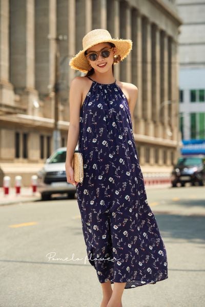  Alice Dress - Đầm cổ yếm - xô lụa in hoa - D621 