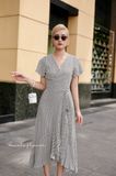  Sasha Dress - Đầm chấm bi cổ V, tay bèo, giả đắp vạt D016 