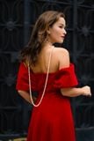  Caroline Dress - Đầm nhung cứng nơ vai D87 