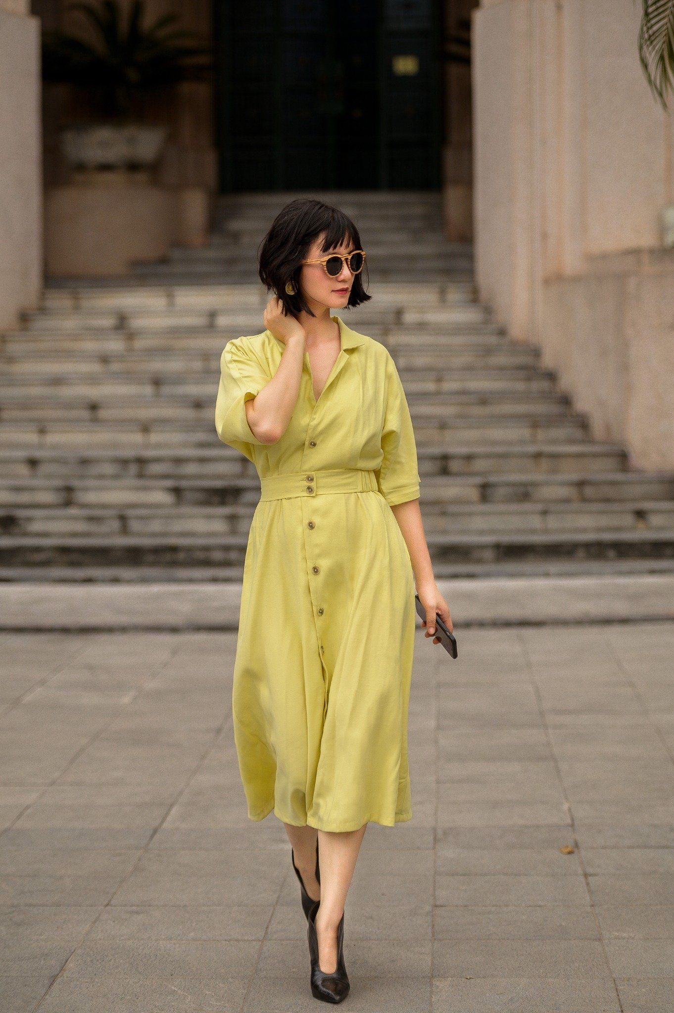  Emmy Dress - Đầm cổ sơ mi tay lửng , có cúc phía trước D020 