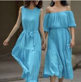  Laila Dress - Đầm xô lụa trễ vai xanh biển D56 