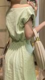  Zinnia Dress - Đầm Linen Lệch Vai Hoa Hồng D989 