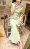  Zinnia Dress - Đầm Linen Lệch Vai Hoa Hồng D989 