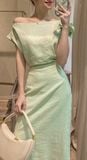  Zinnia Dress - Đầm Linen Lệch Vai Hoa Hồng D989 