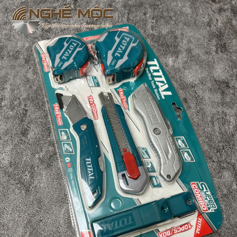 Bộ combo 25 dao tiện ích và thước kéo thép nền vàng Total TOS23034