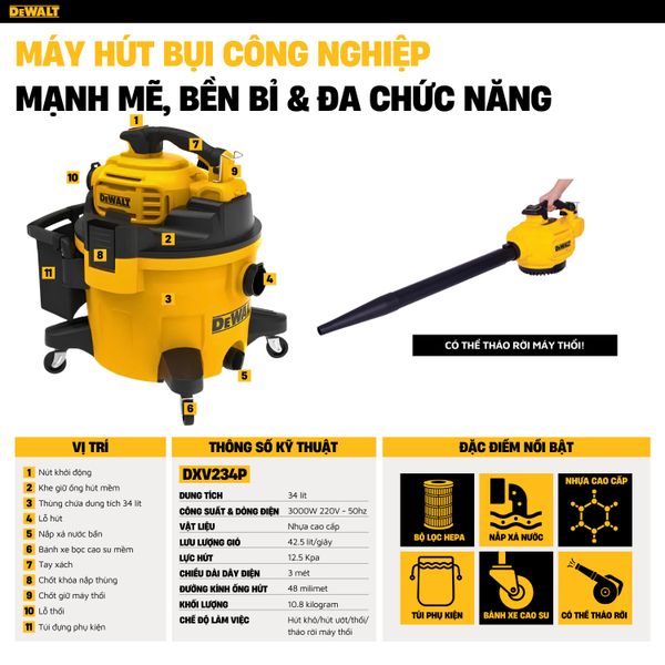 Máy hút bụi 4 chức năng chuyển đổi thành máy thổi cầm tay Dewalt DXV234P