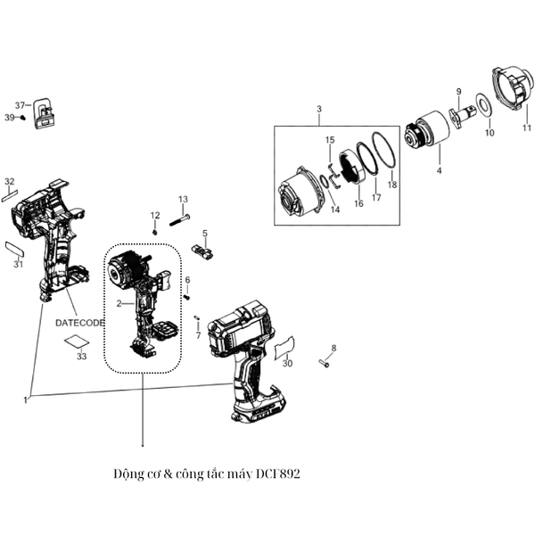 Động cơ & công tắc máy DCF892 Dewalt NA016963