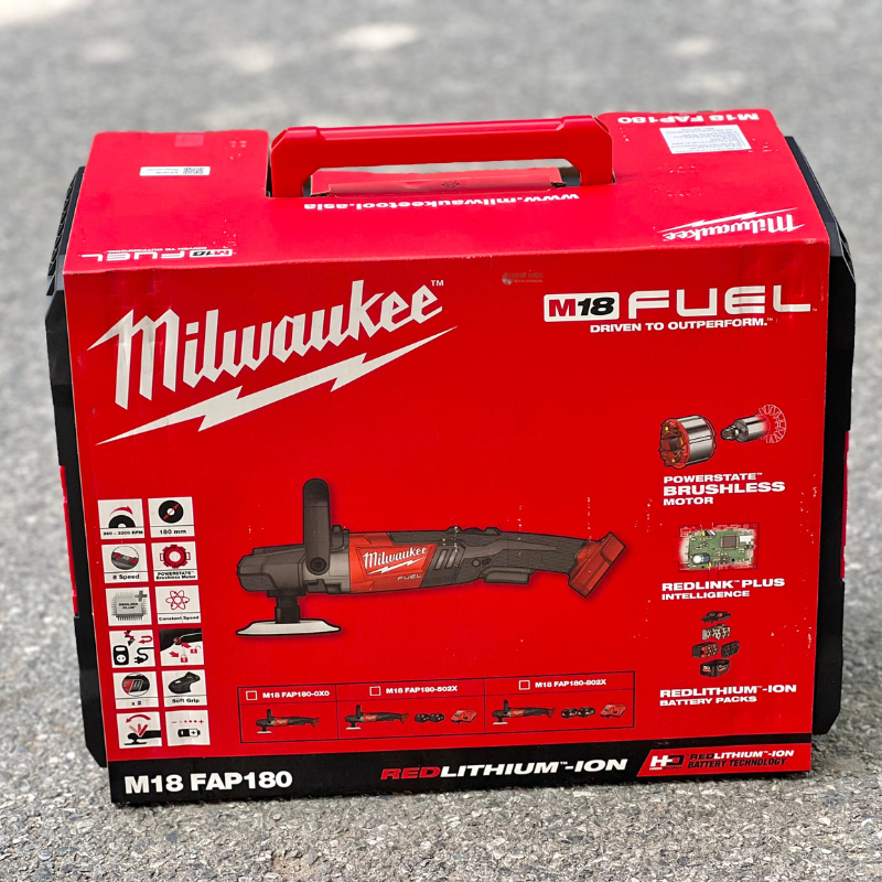 bao bì của Máy đánh bóng M18 FAP180 Milwaukee rất bắt mắt