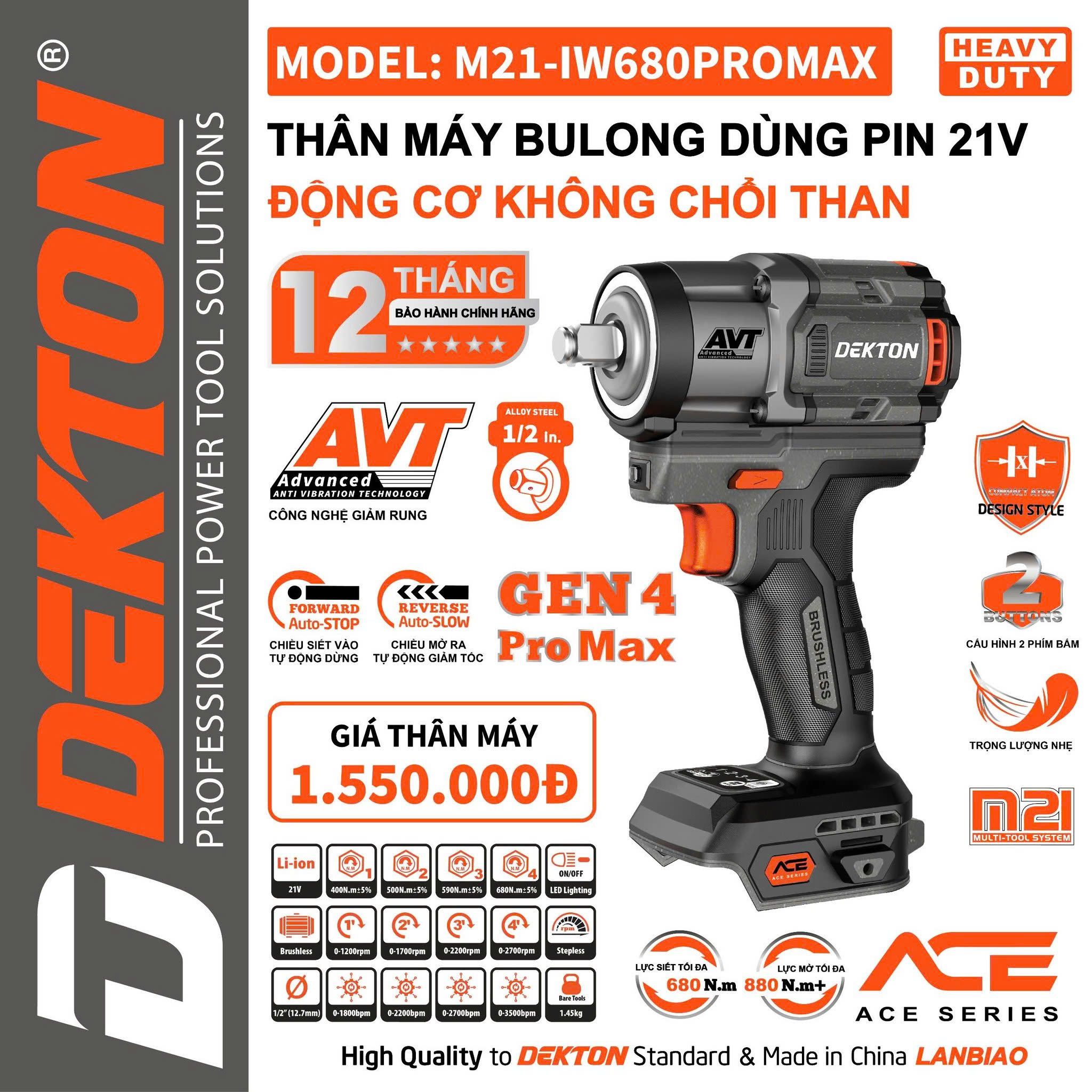 Máy siết bulong dùng pin 21V Dekton M21-IW680PROMAX gen 4