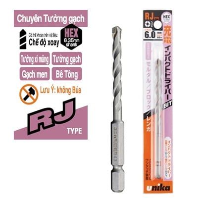 Mũi khoan bê tông UNIKA RJ6.0×100mm ( chân lục giác, khôn...