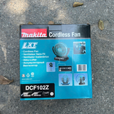 Hộp giấy chứa đầy đủ thông tin về sản phẩm Quạt dùng pin Makita DCF102 (18V)