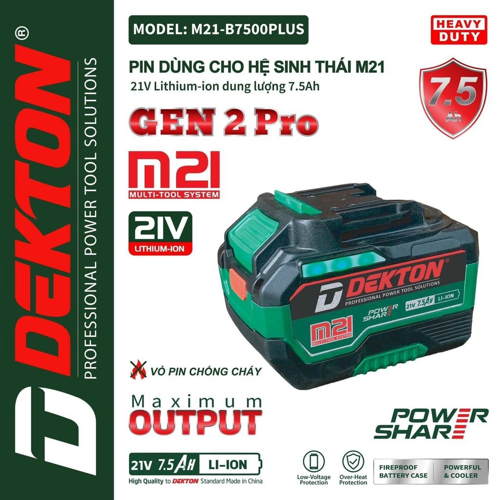 Pin Dekton 7.5Ah-21V chân pin Makita mã M21- B7500 PLUS