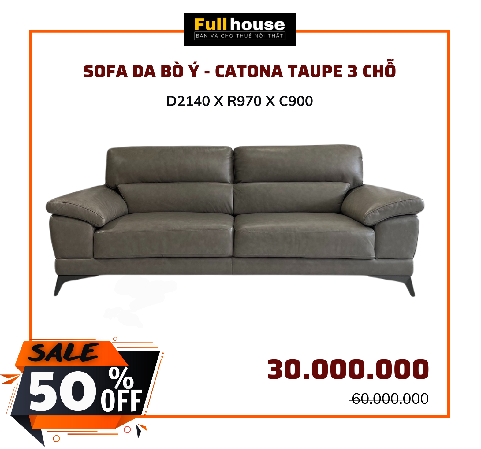  SOFA DA BÒ Ý - CATONA TAUPE 3 CHỖ 