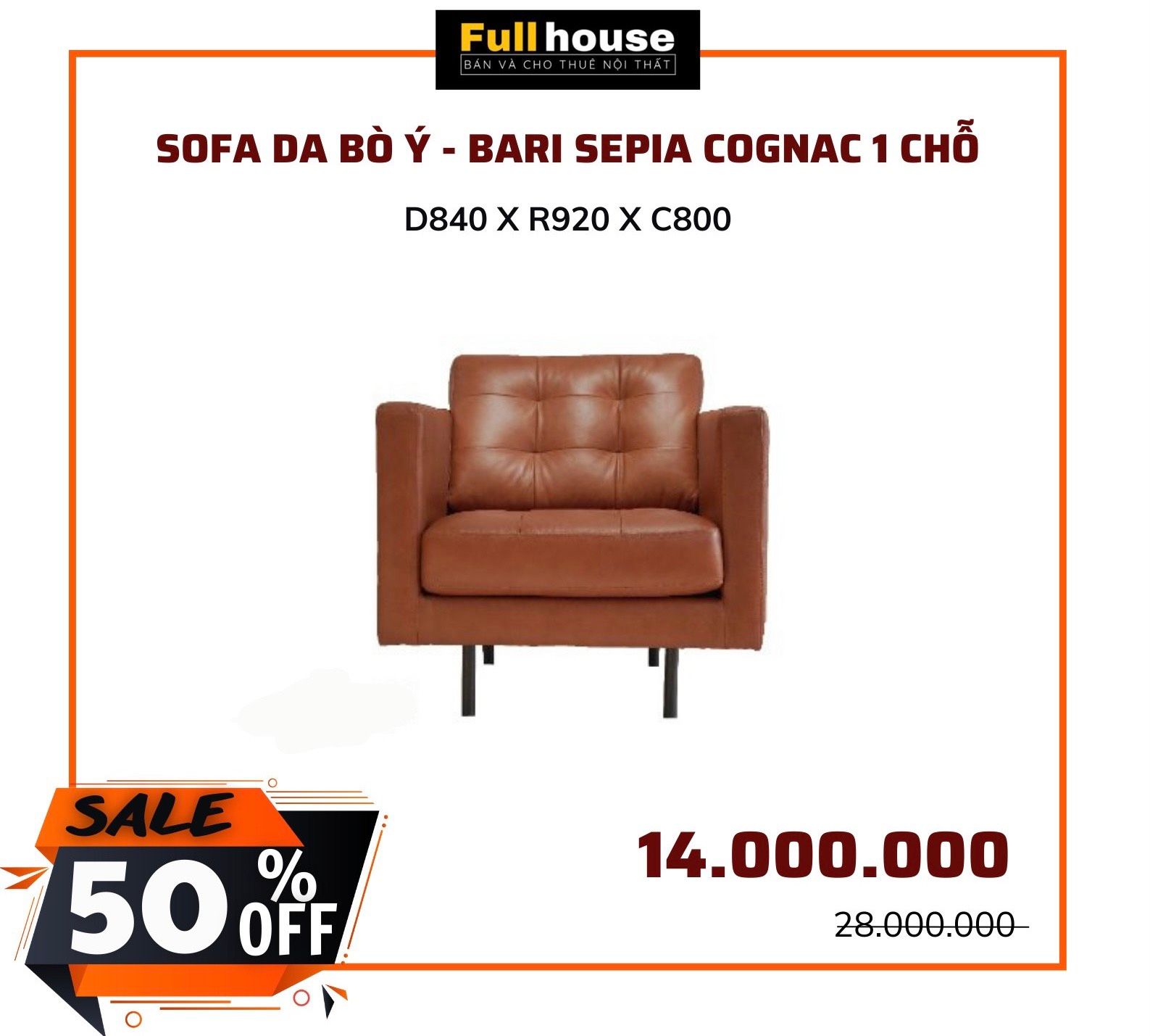  SOFA DA BÒ Ý - BARI SEPIA COGNAC 1 CHỖ 