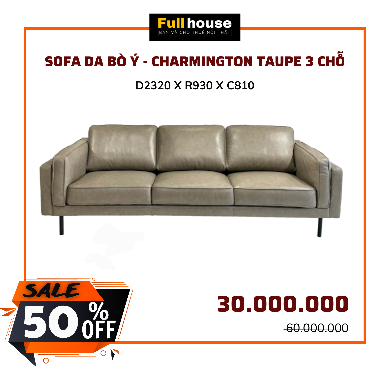  SOFA DA BÒ Ý -  CHARMINGTON TAUPE 3 CHỖ 