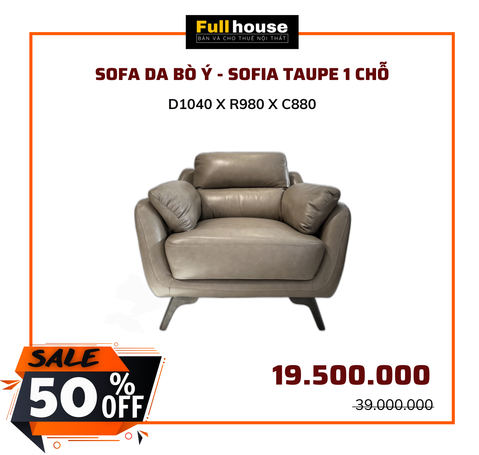  SOFA DA BÒ Ý - SOFIA TAUPE 1 CHỖ 