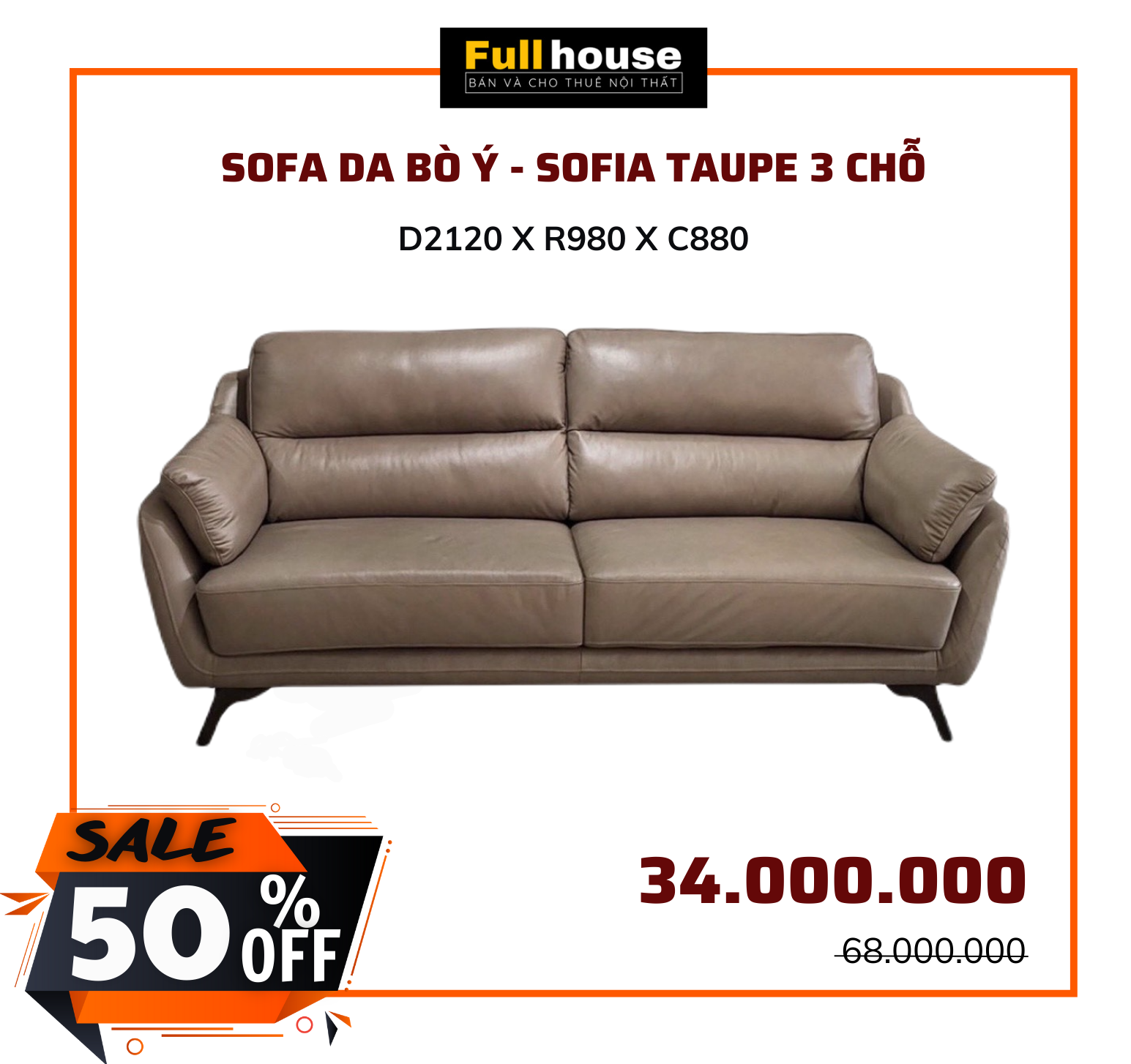  SOFA DA BÒ Ý - SOFIA TAUPE 3 CHỖ 