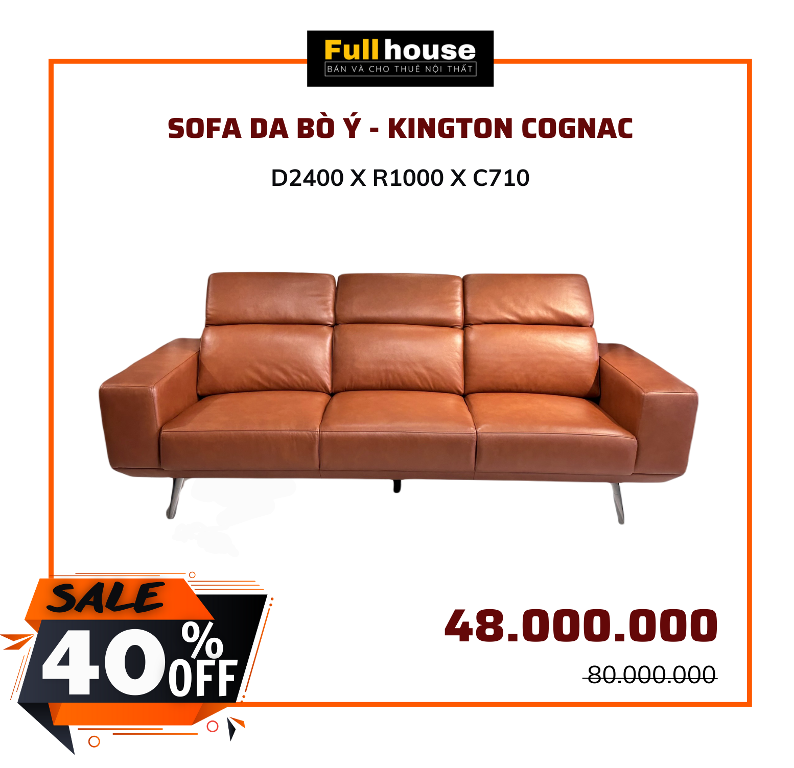  SOFA DA BÒ Ý - KINGTON COGNAC 3 CHỖ 