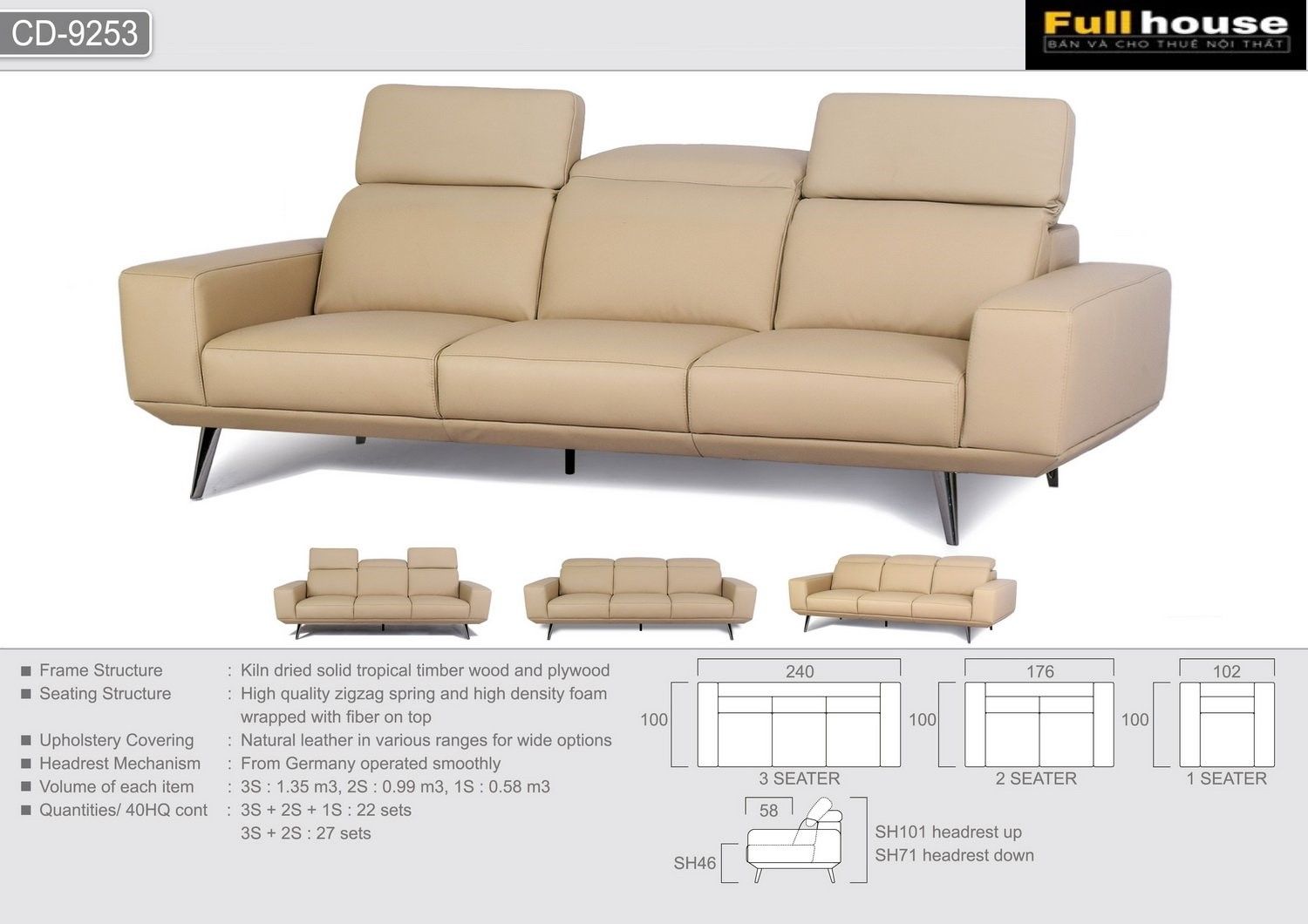  SOFA DA BÒ Ý -  KINGTON GRIS 3 CHỖ 