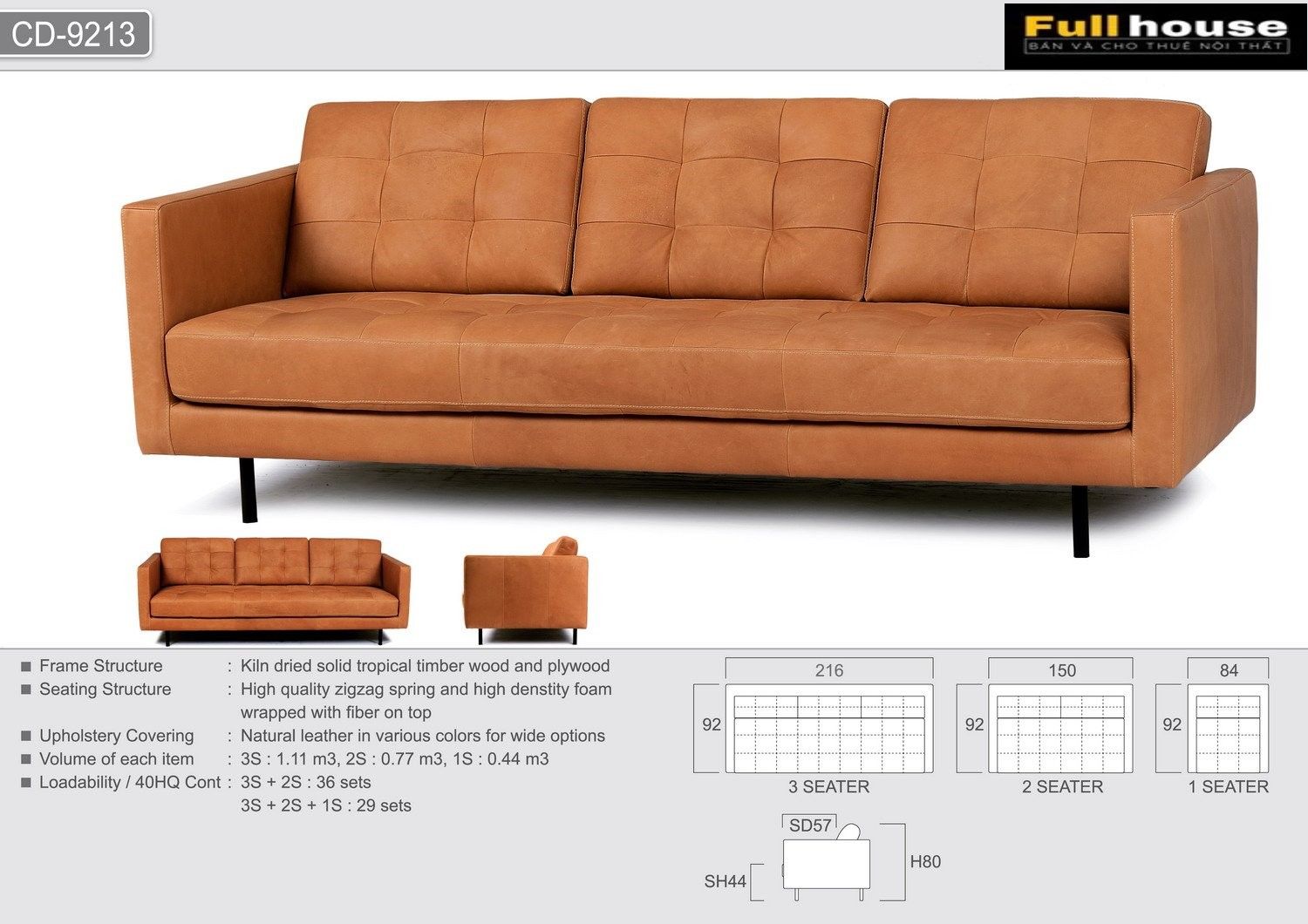  SOFA DA BÒ Ý - BARI  SEPIA COGNAC 3 CHỖ 