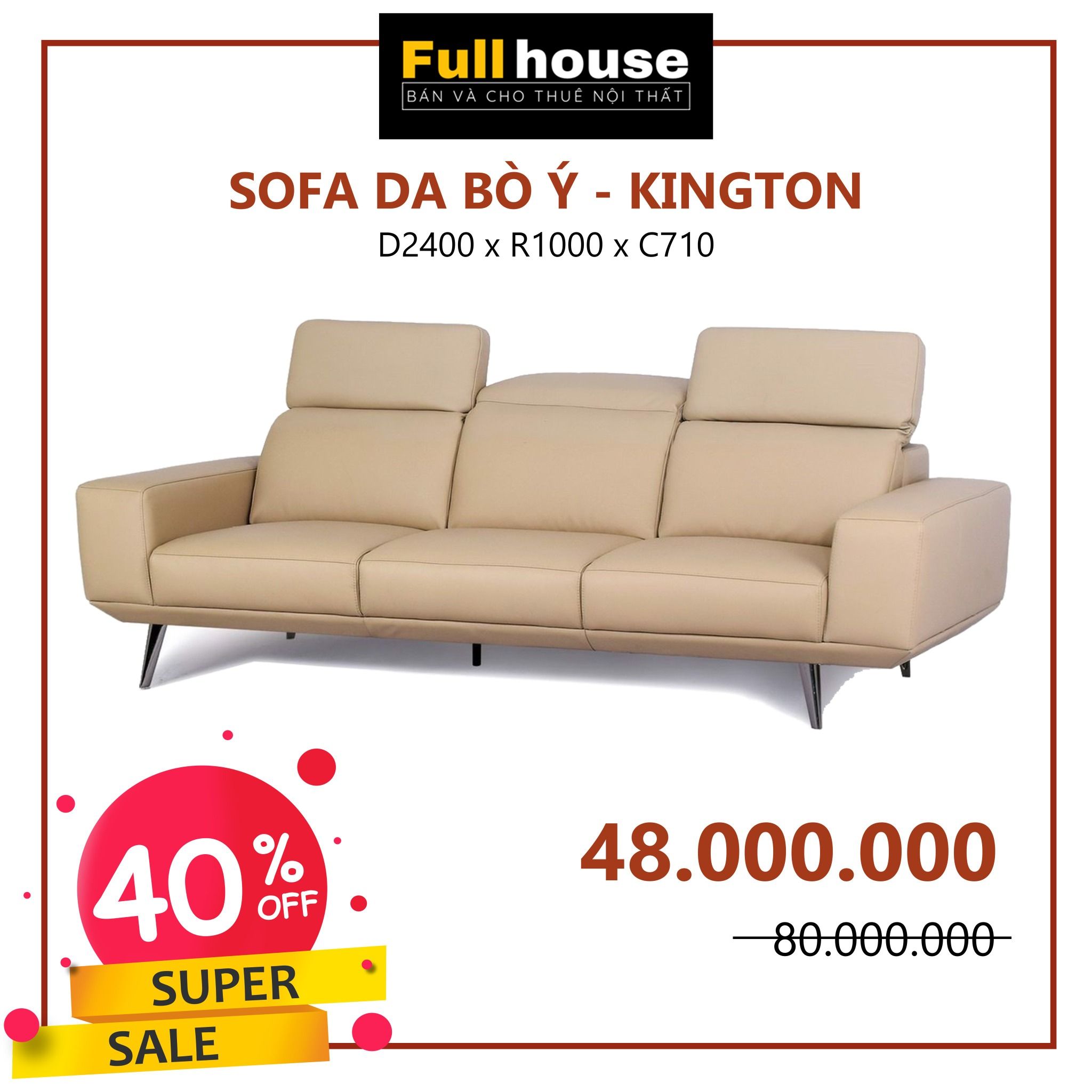  SOFA DA BÒ Ý -  KINGTON GRIS 3 CHỖ 