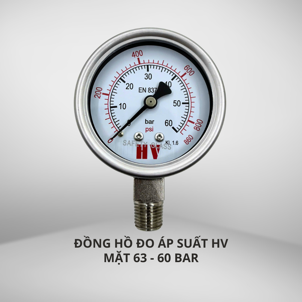 ĐỒNG HỒ ĐO ÁP SUẤT HV MẶT 63 CHÂN INOX (HOÁ CHẤT/XĂNG DẦU)