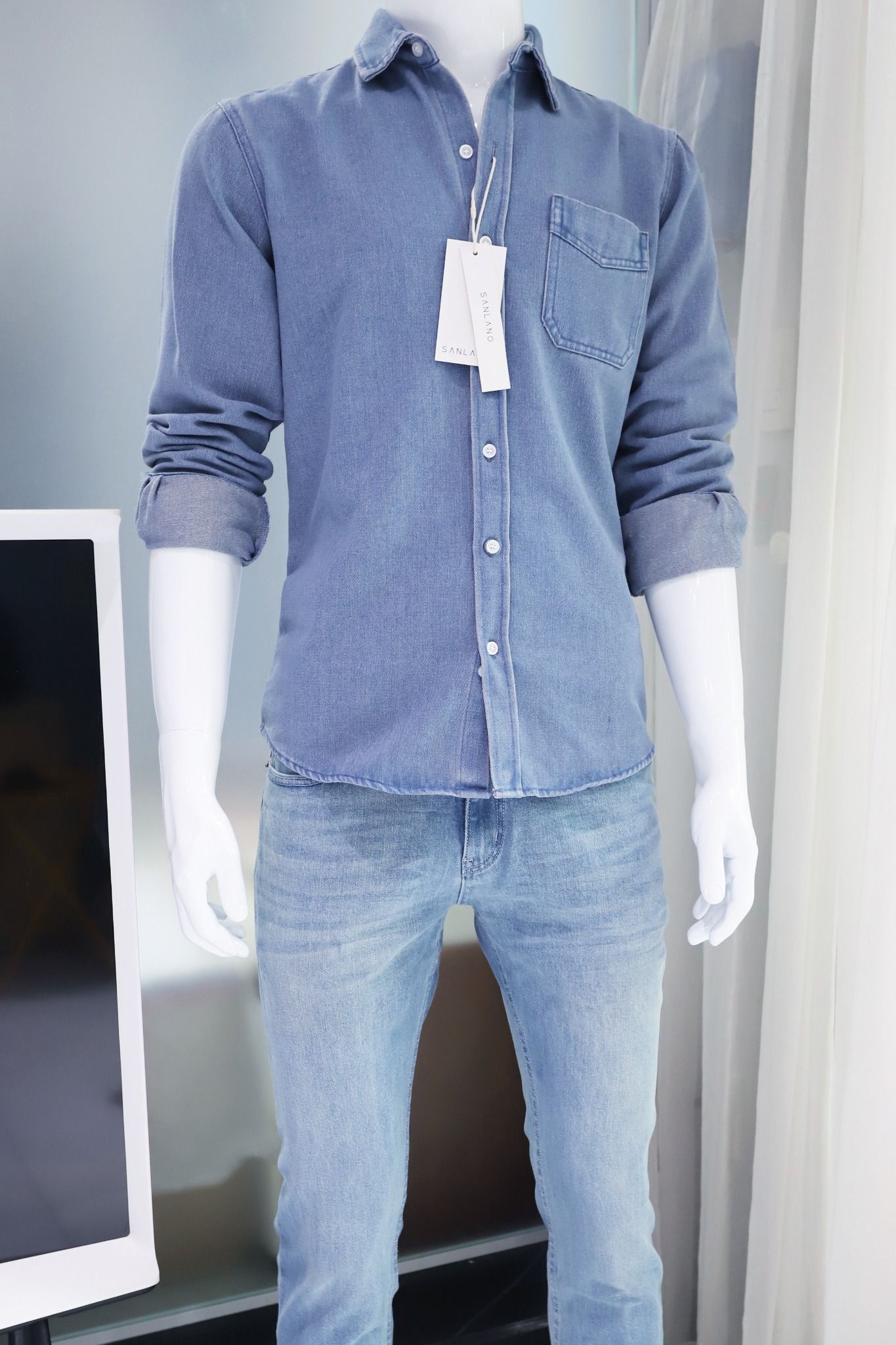  Sơ mi SANLANO Denim 1 túi Xanh Đậm 