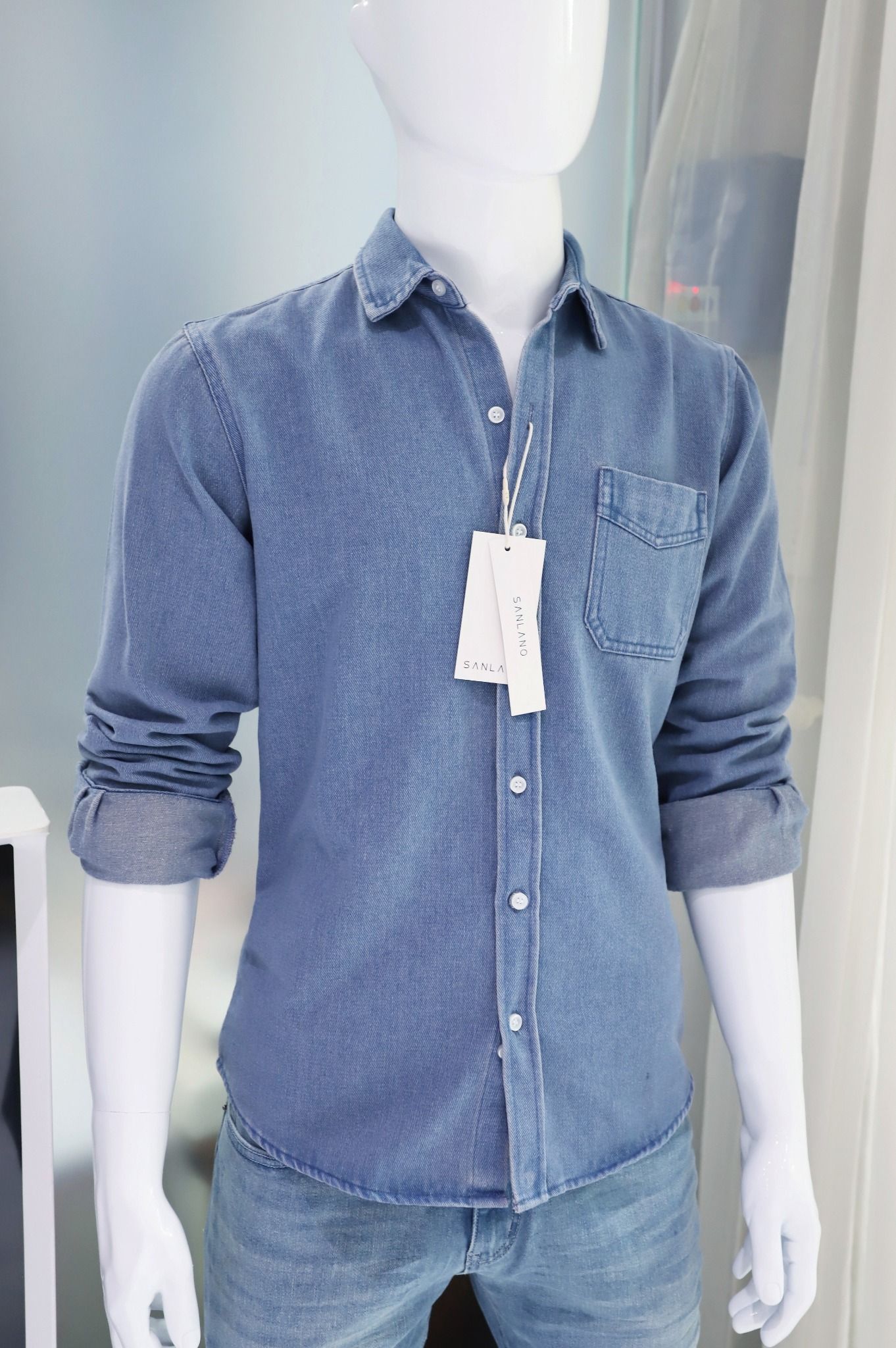  Sơ mi SANLANO Denim 1 túi Xanh Đậm 