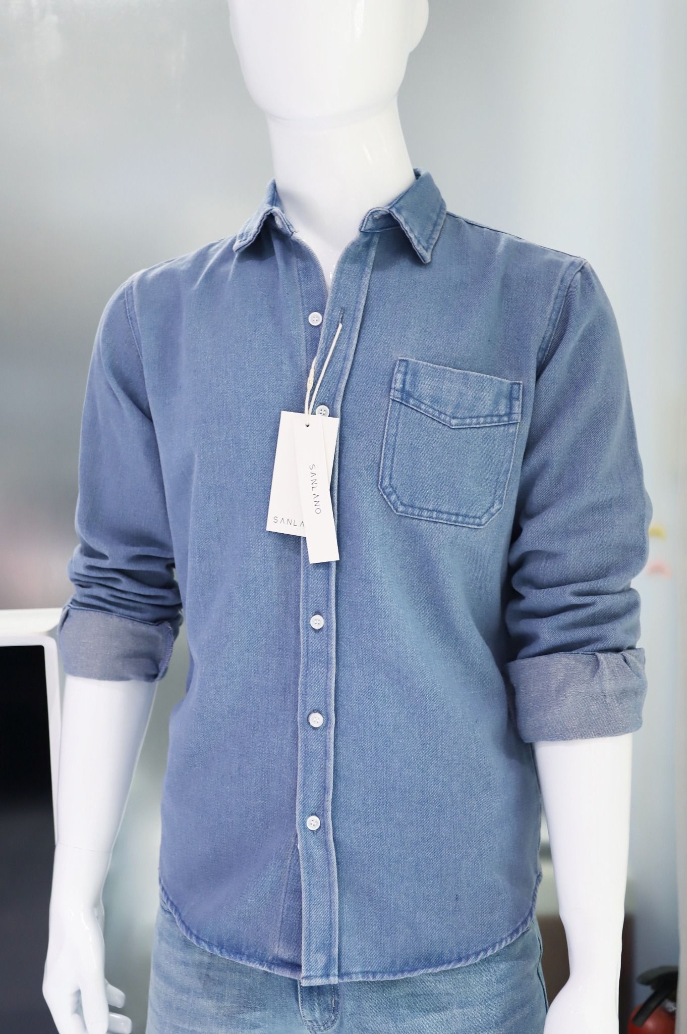  Sơ mi SANLANO Denim 1 túi Xanh Đậm 