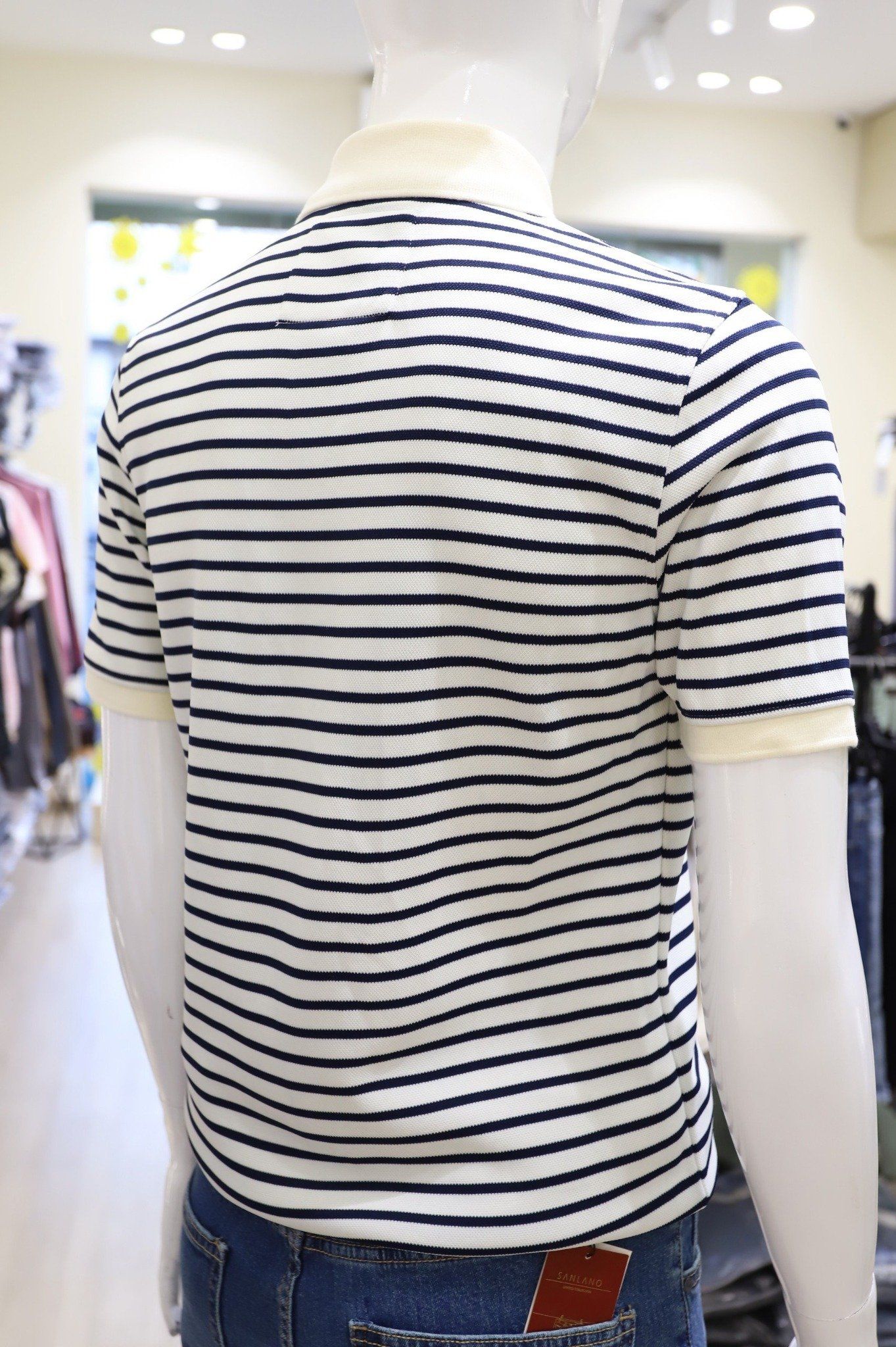  Polo SANLANO  Striped Trắng Xanh 