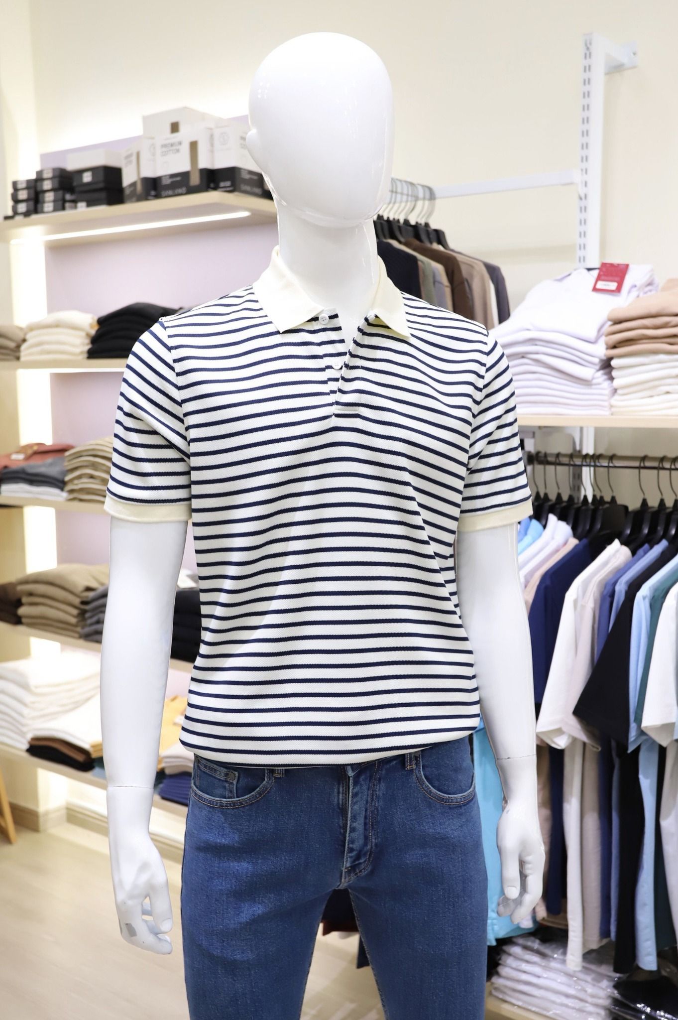  Polo SANLANO  Striped Trắng Xanh 